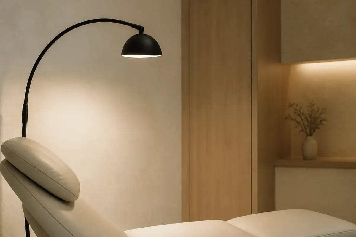 Una lámpara curva ilumina suavemente un sillón de tratamiento vacío.