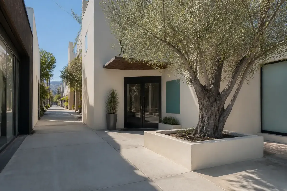 A light-toned entrance is marked by an olive tree beside the sidewalk.