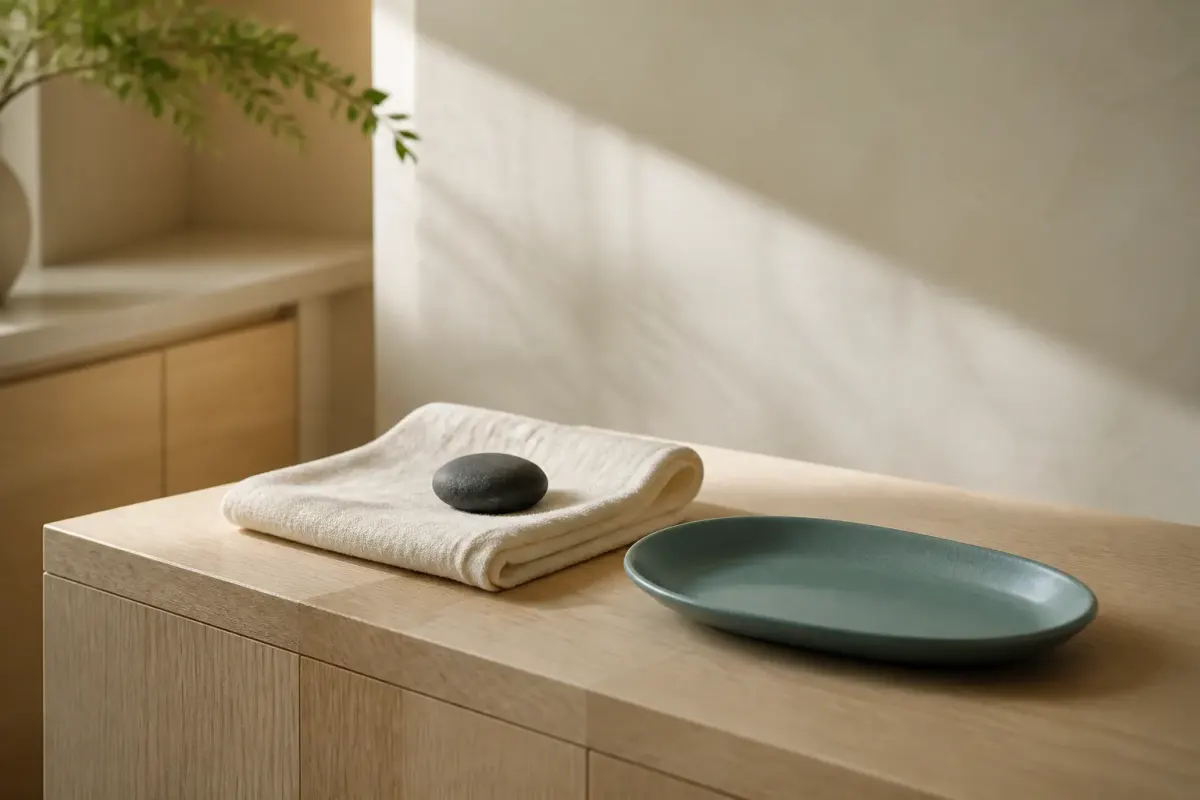Luz natural sobre una mesa de madera con un paño, una piedra y una bandeja.
