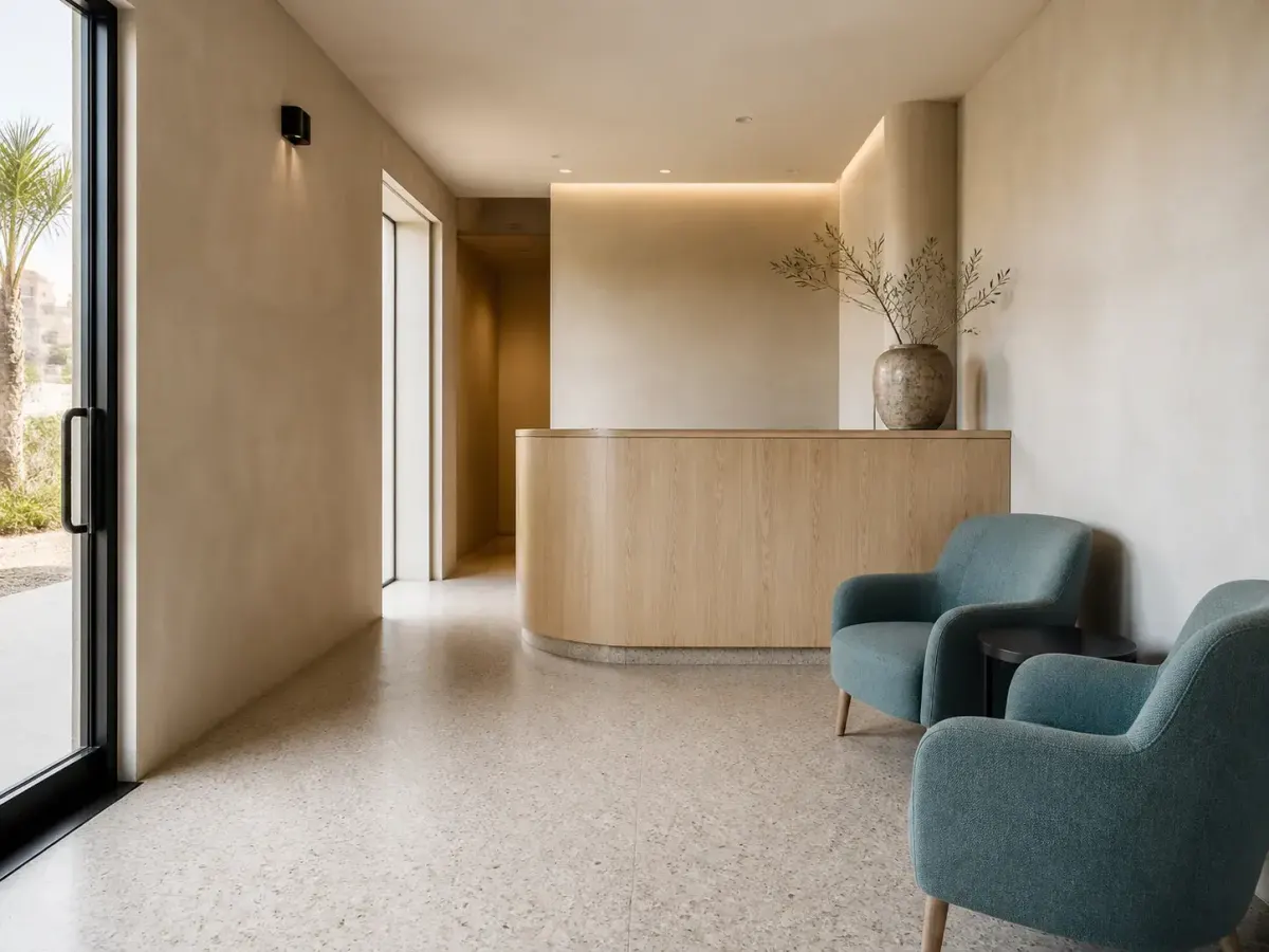 Recepción vacía con madera clara y asientos azul verdoso en Ensenada.