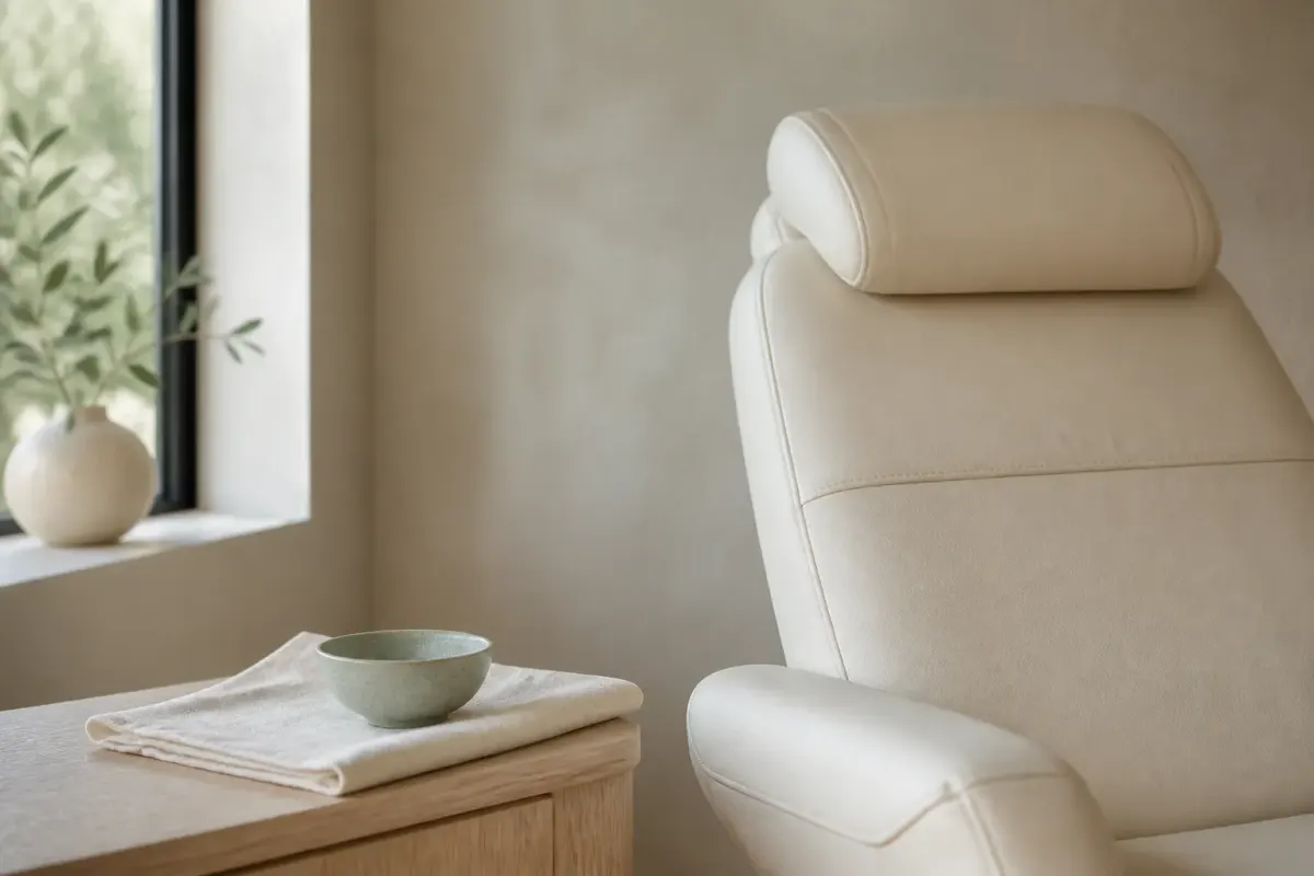 A light-colored chair beside a wooden table with linens and a ceramic bowl.