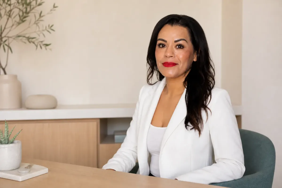 Claudia Huerta sentada en un consultorio de tonos cálidos.