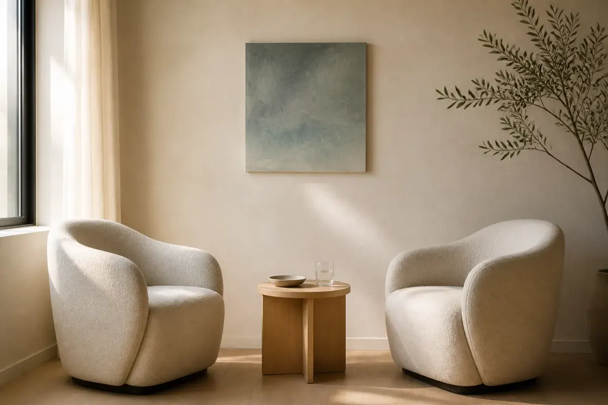 Two light-colored chairs face a small table in a consultation space.