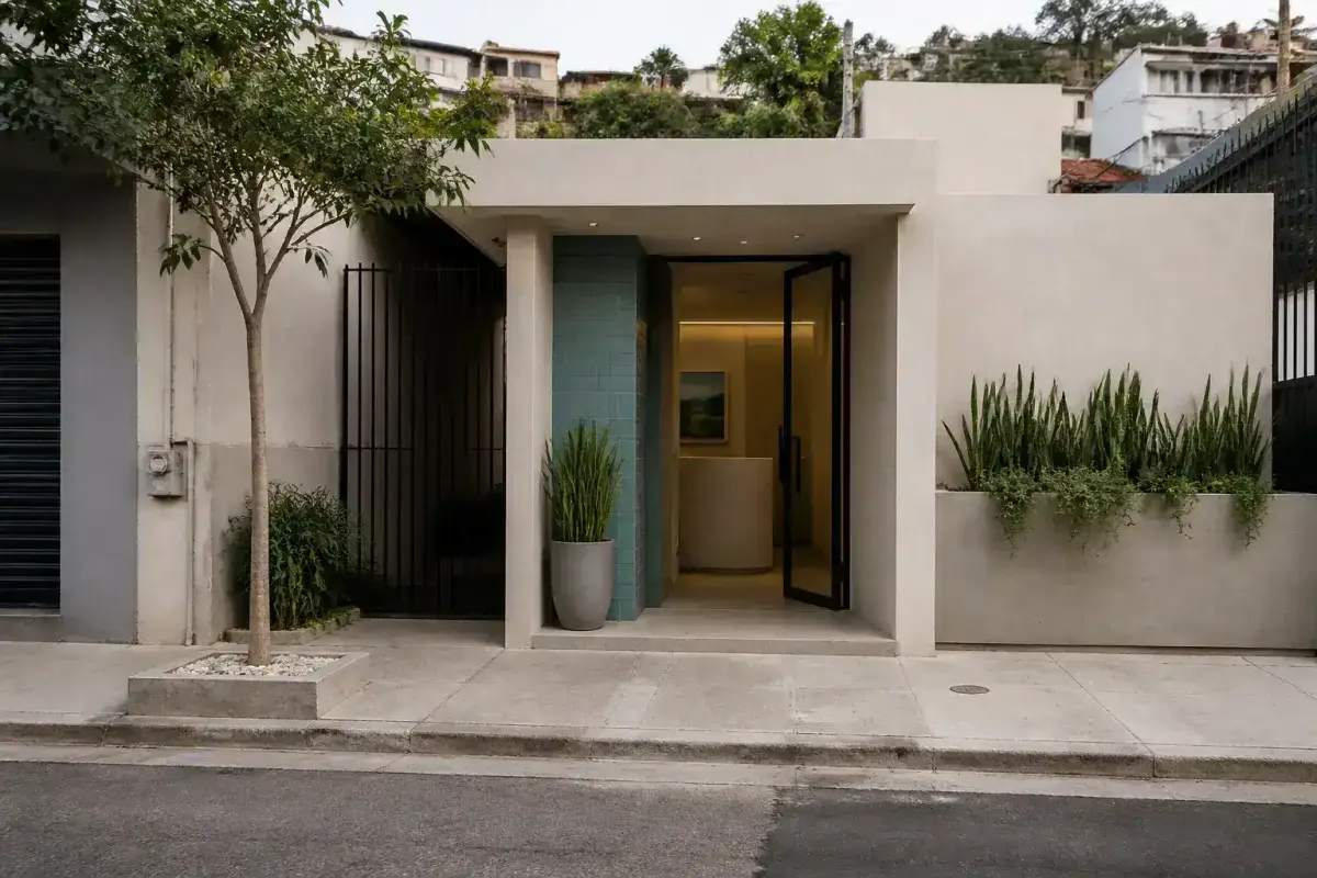Exterior de un consultorio de tonos claros en Tijuana.
