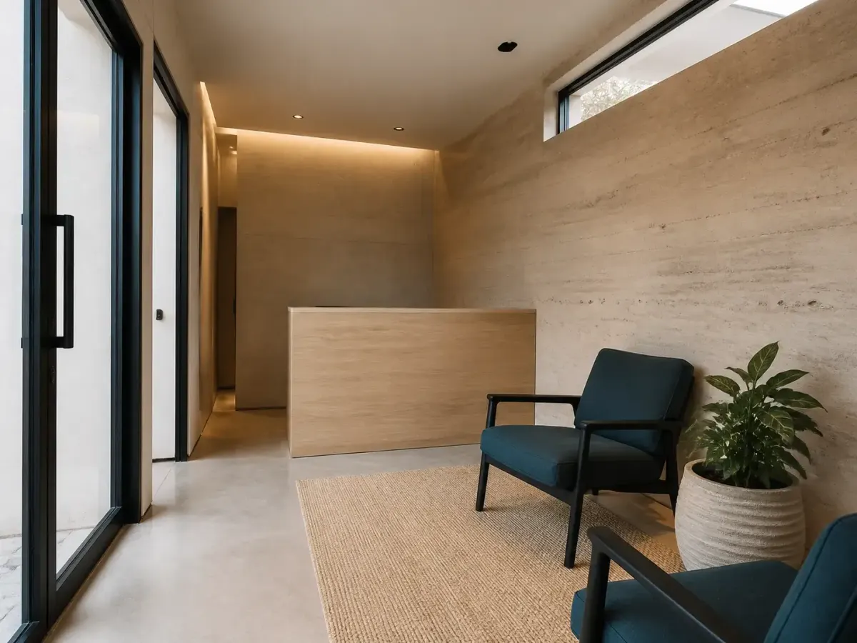 Recepción vacía con madera clara y asientos azul verdoso en Tijuana.