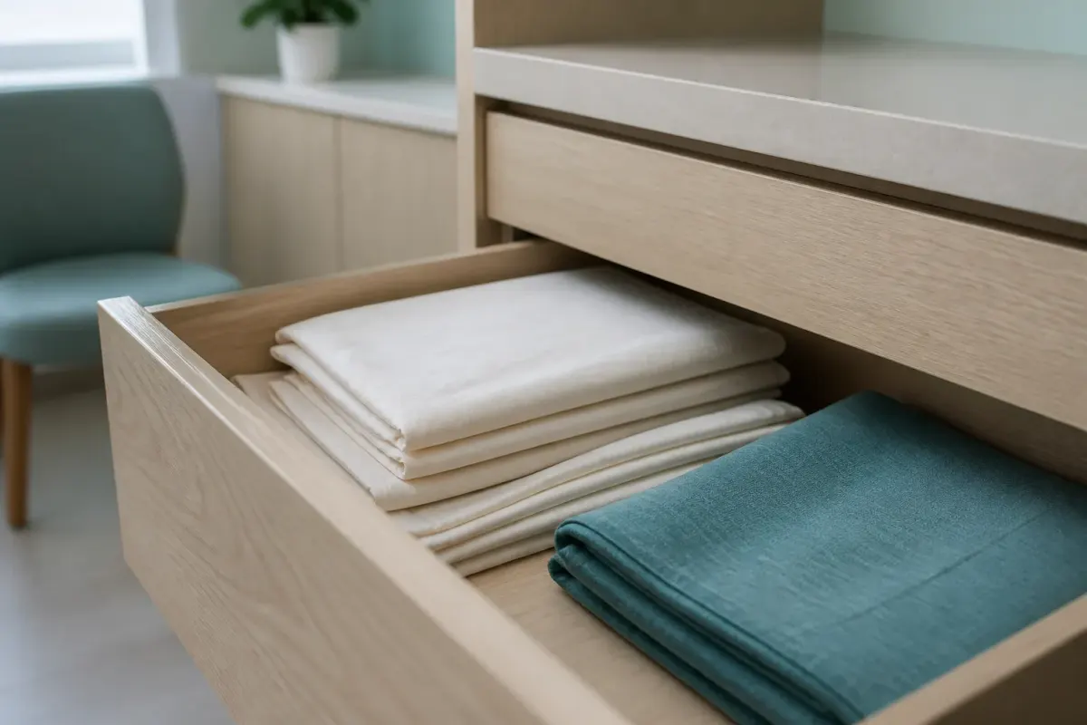 Light linens and a folded blue-green cloth inside a wooden drawer.